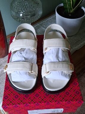 NIB - Tory Burch Ivory Leather Dual-Strap Sandals with Gold Logo